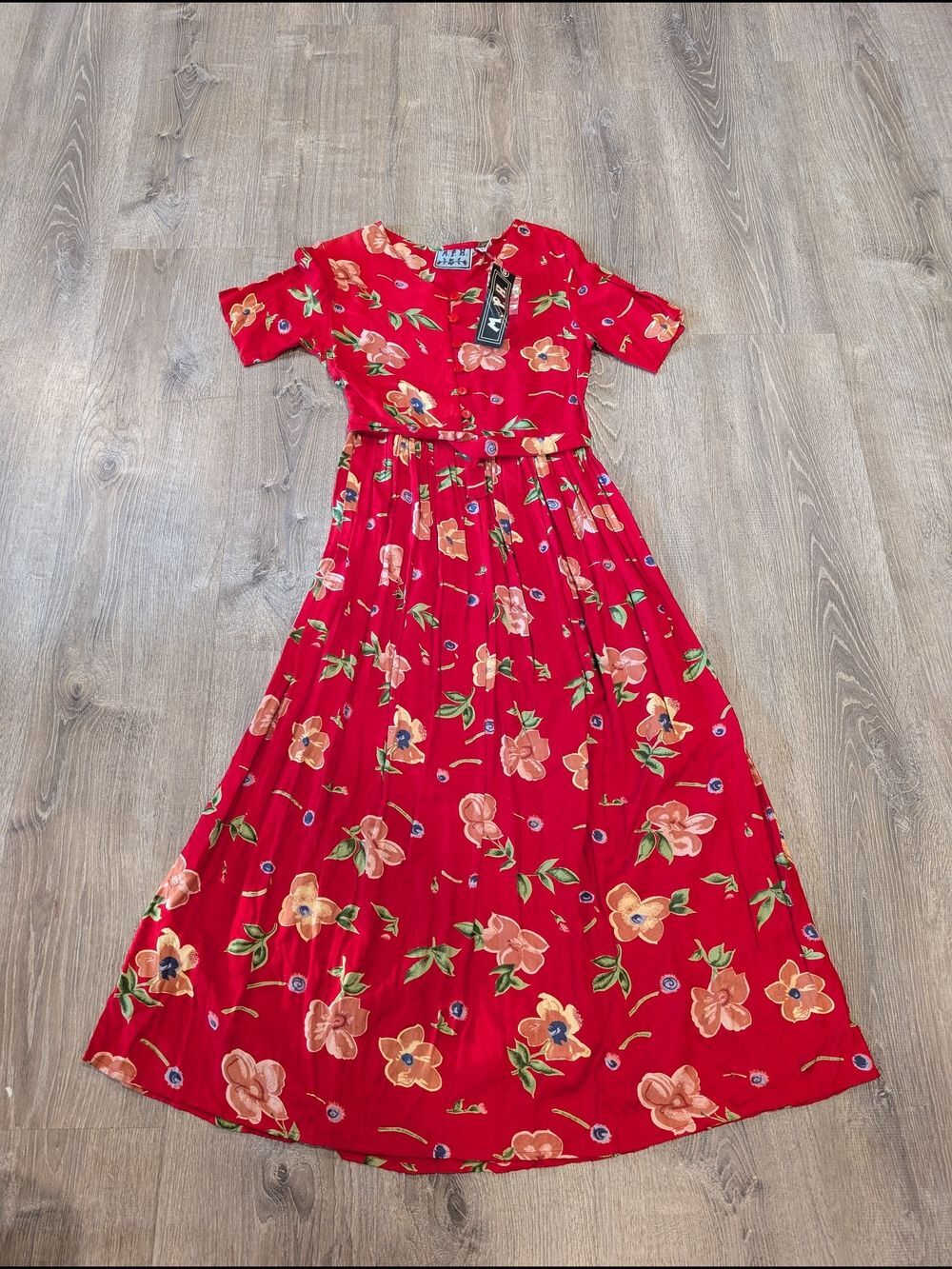 Vintage 90s MPH Red Floral Rayon Button Front Midi Dress Cottagecore Grunge S